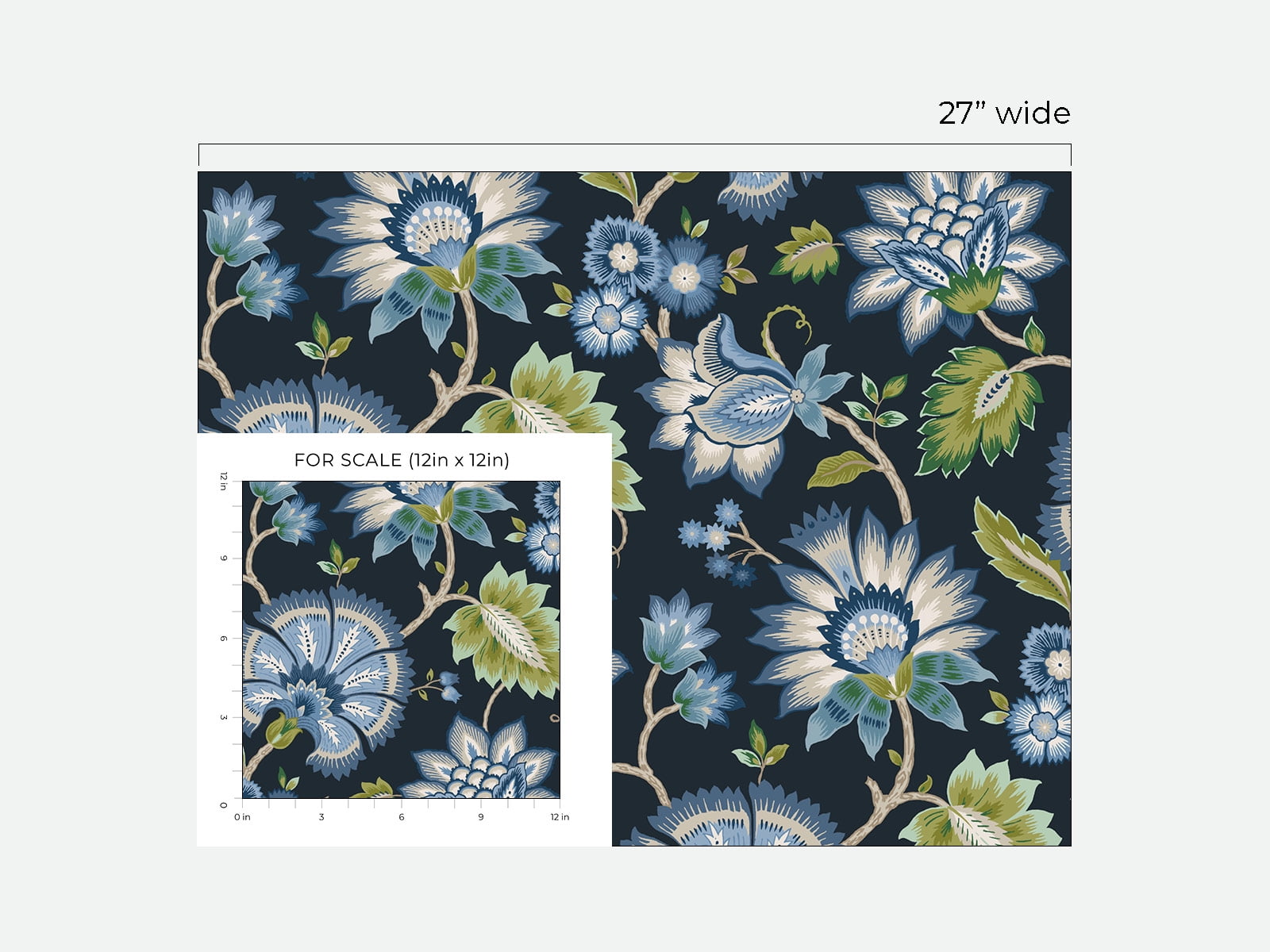 NextWall Midnight Blue Jacobean Blossom Floral Peel and Stick Wallpaper