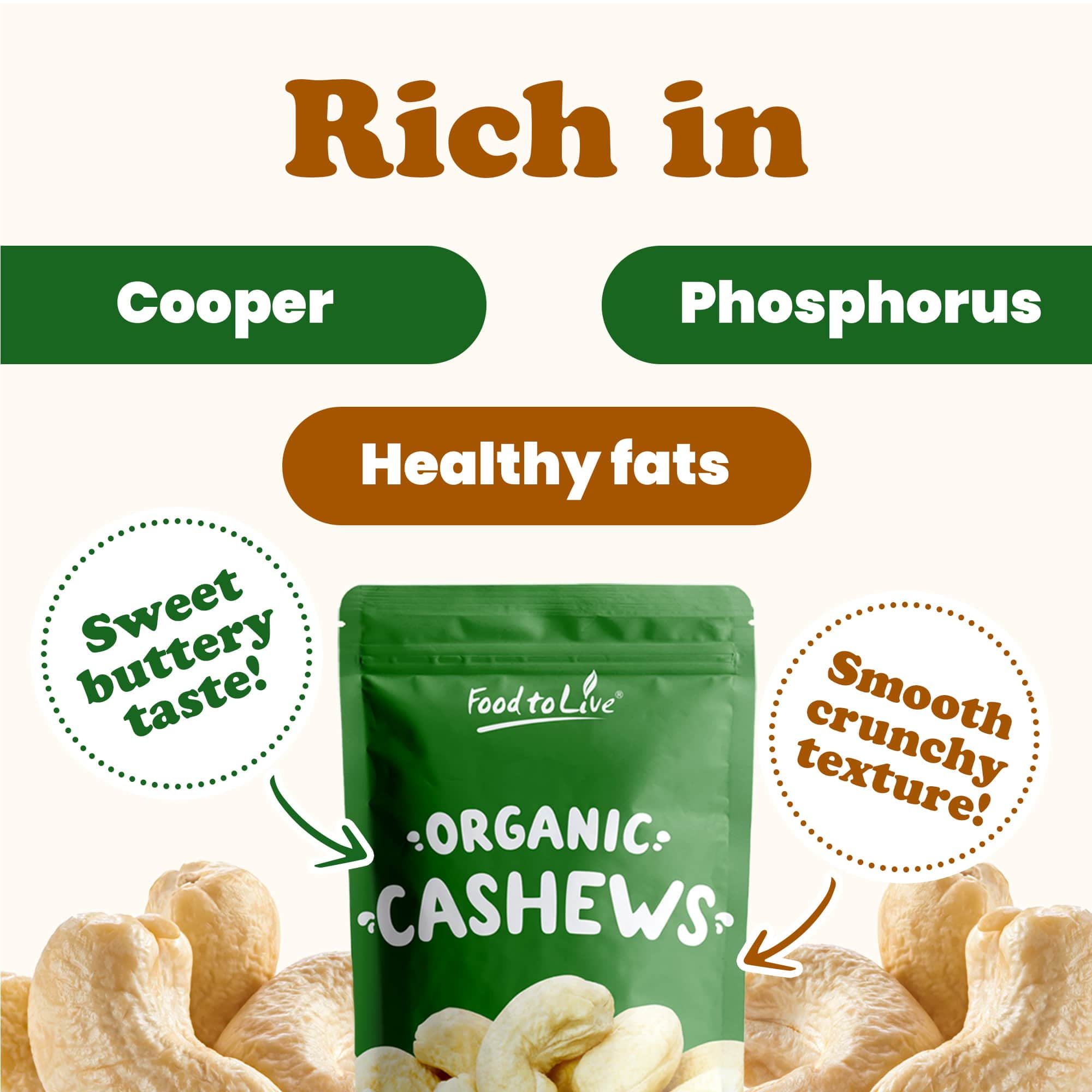 Food to Live, Organic Whole Cashews, W320, 4 Pounds, Non-GMO, Kosher