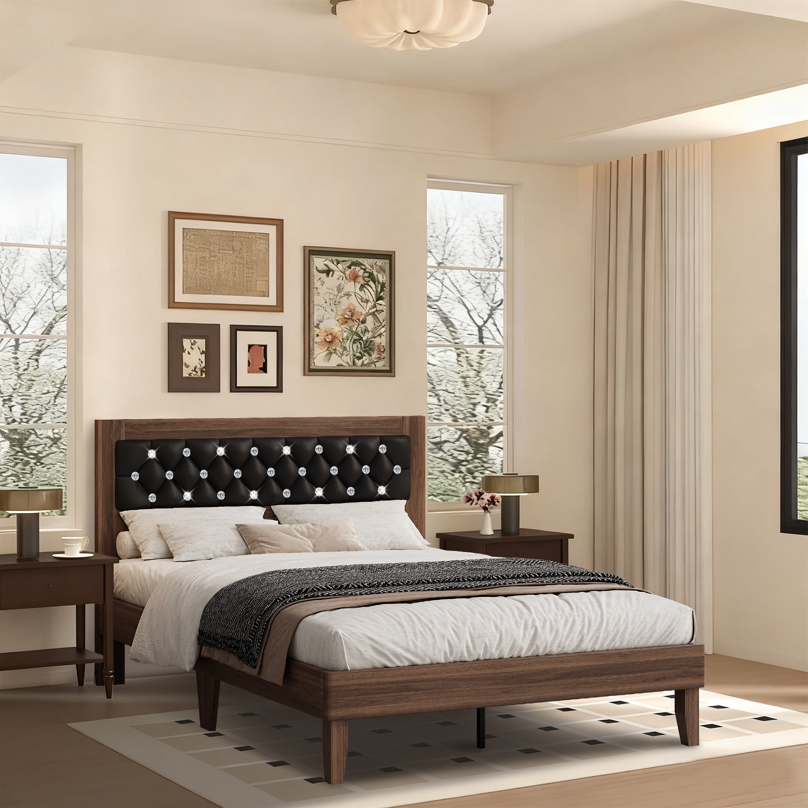 4 EVER WINNER Queen Size Rustic Platform Bed Frame, Luxury Diamond Tufted Headboard, Heavy-Duty Noise-Free, No Box Spring Required, Tool-Free Assembly, Walnut & Black