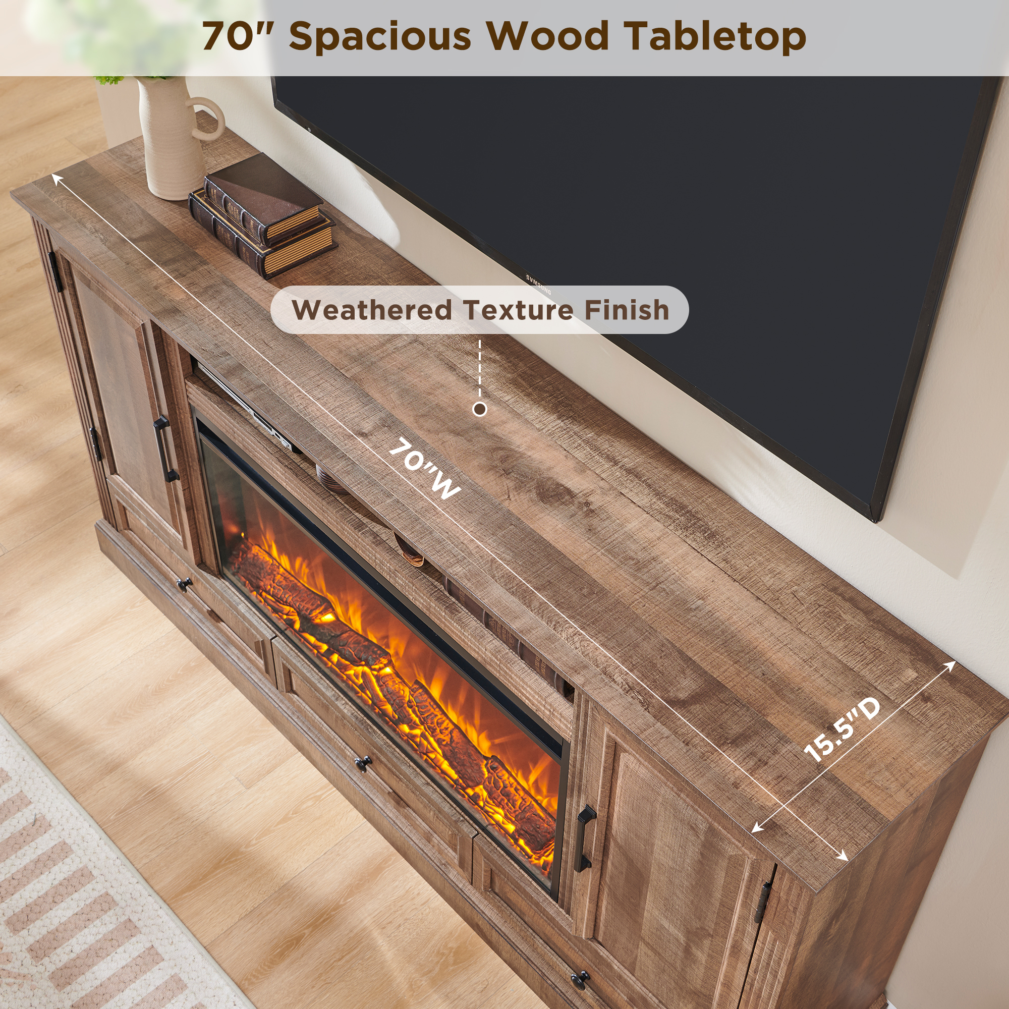 T4TREAM Farmhouse 70" Fireplace TV Stand for TVs up to 80", Entertainment Center W/36" Electric Fireplace Highboy Media Console with Large Storage Cabinets and Drawers for Living Room, Light Brown