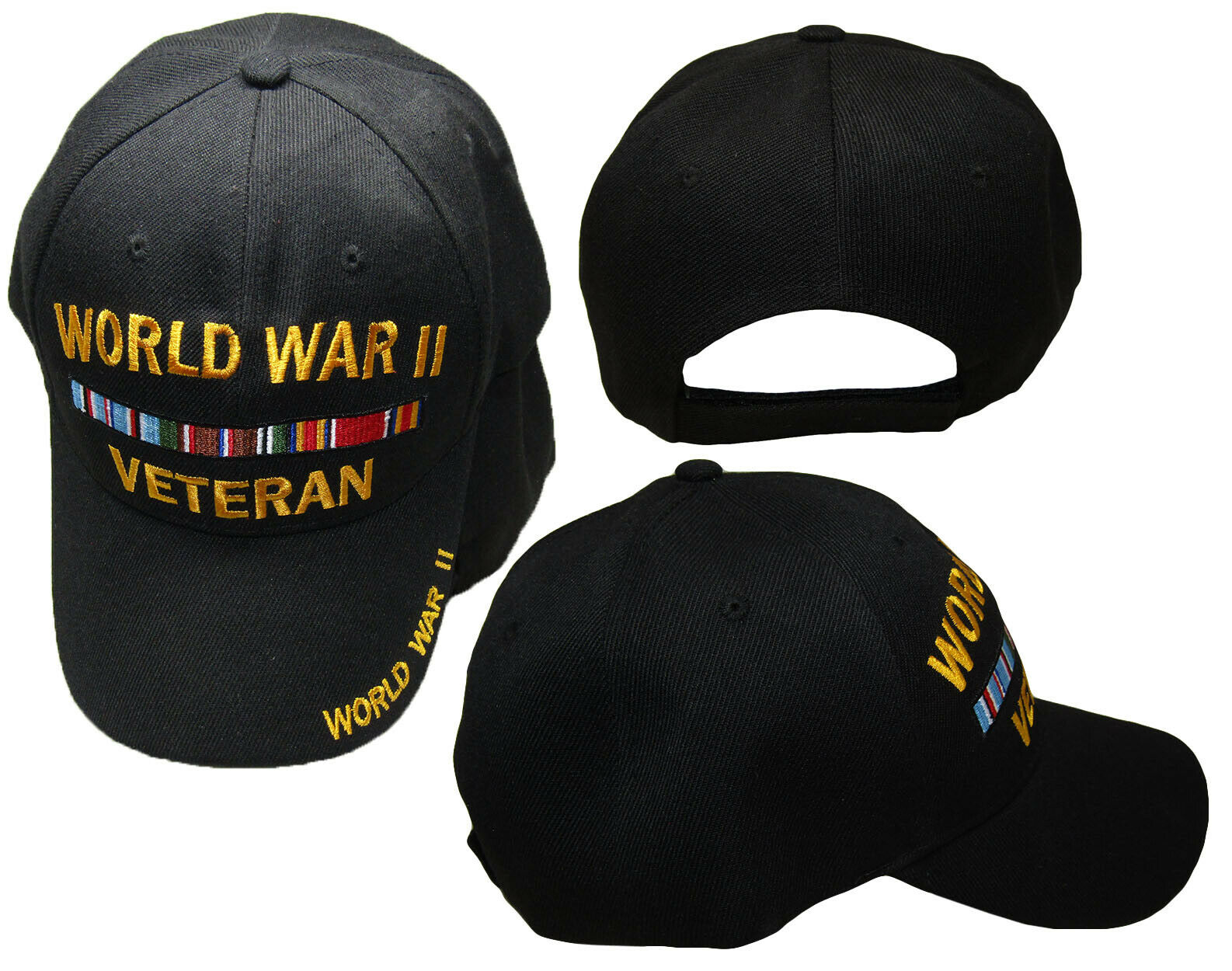 World War II WWII Veteran Ribbon Black Embroidered Baseball Hat Cap