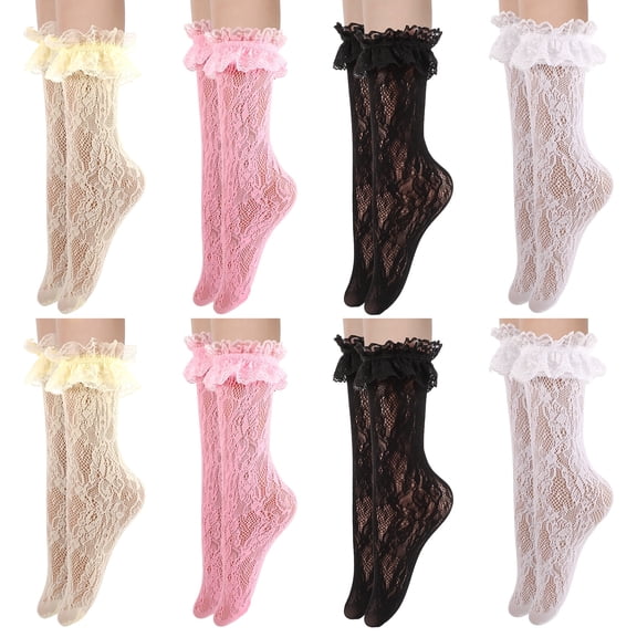Bocaoying 8 Pairs Women Lace Ruffle Socks, Sheer Nylon Frilly Ankle Socks, Sweet Breathable Lettuce Socks for Lolita, Mary Janes (US 5-8)