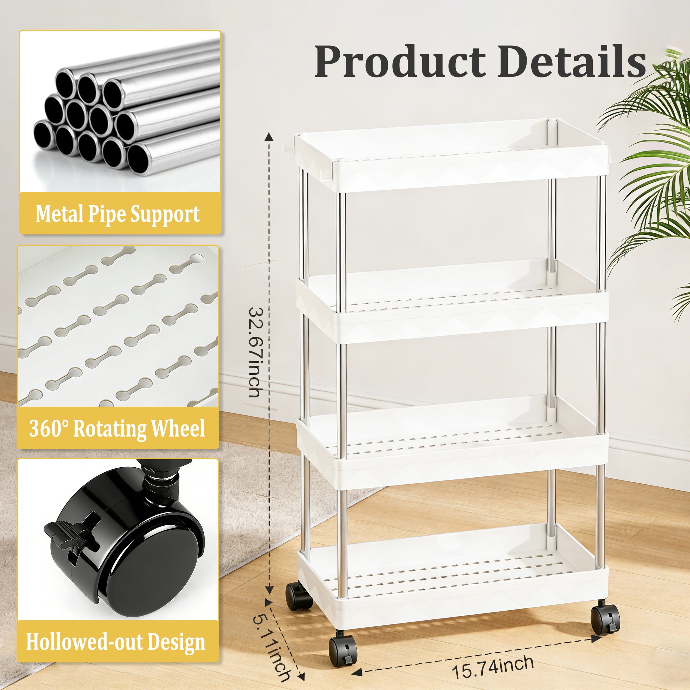 Slim Rolling Storage Cart, 4-Tier Bathroom Laundry Organizer Mobile Cart, Portable Slim Storage Cart with Lockable Wheels, Mobile Utility Cart for Kitchen, Bathroom, Laundry Room, White