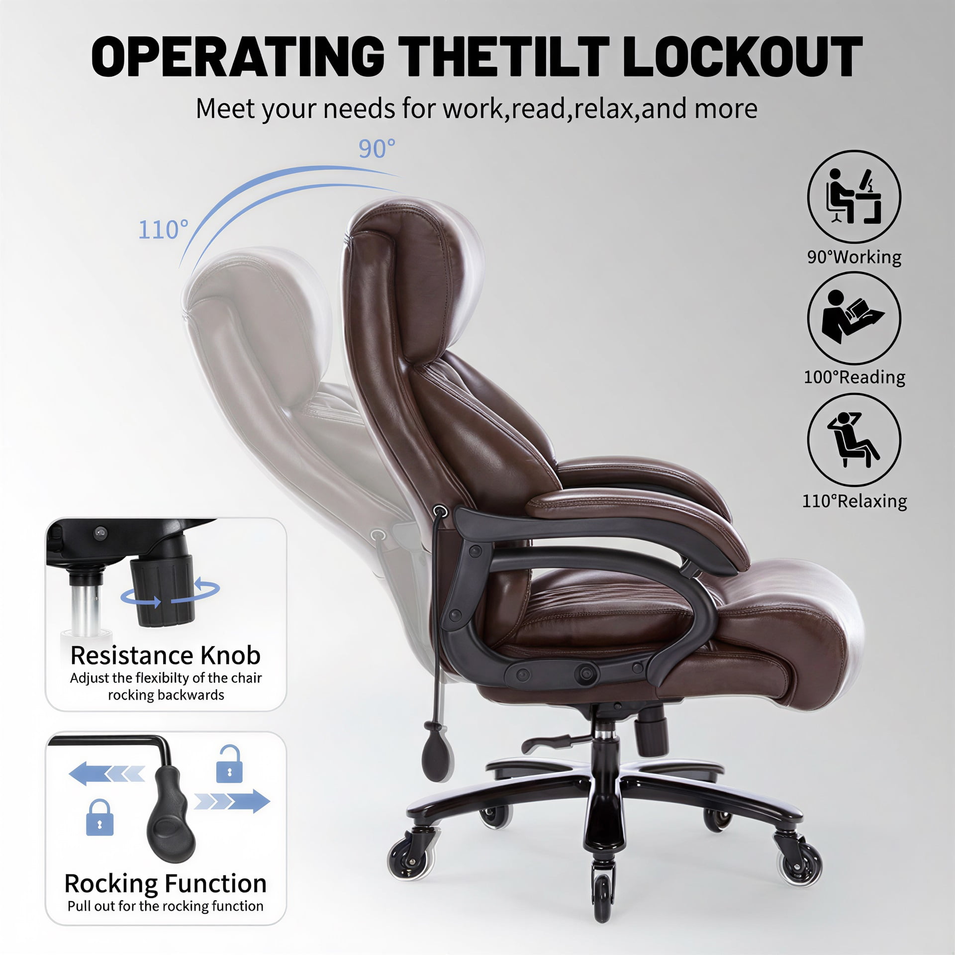 Bananova Big and Tall Office Chair 600 lbs, Extra Wide PU Executive Desk Chair with Adjustable Lumbar Support, High Back Ergonomic Computer Chair with Rocking , Thick Cushion for Home Office, Brown