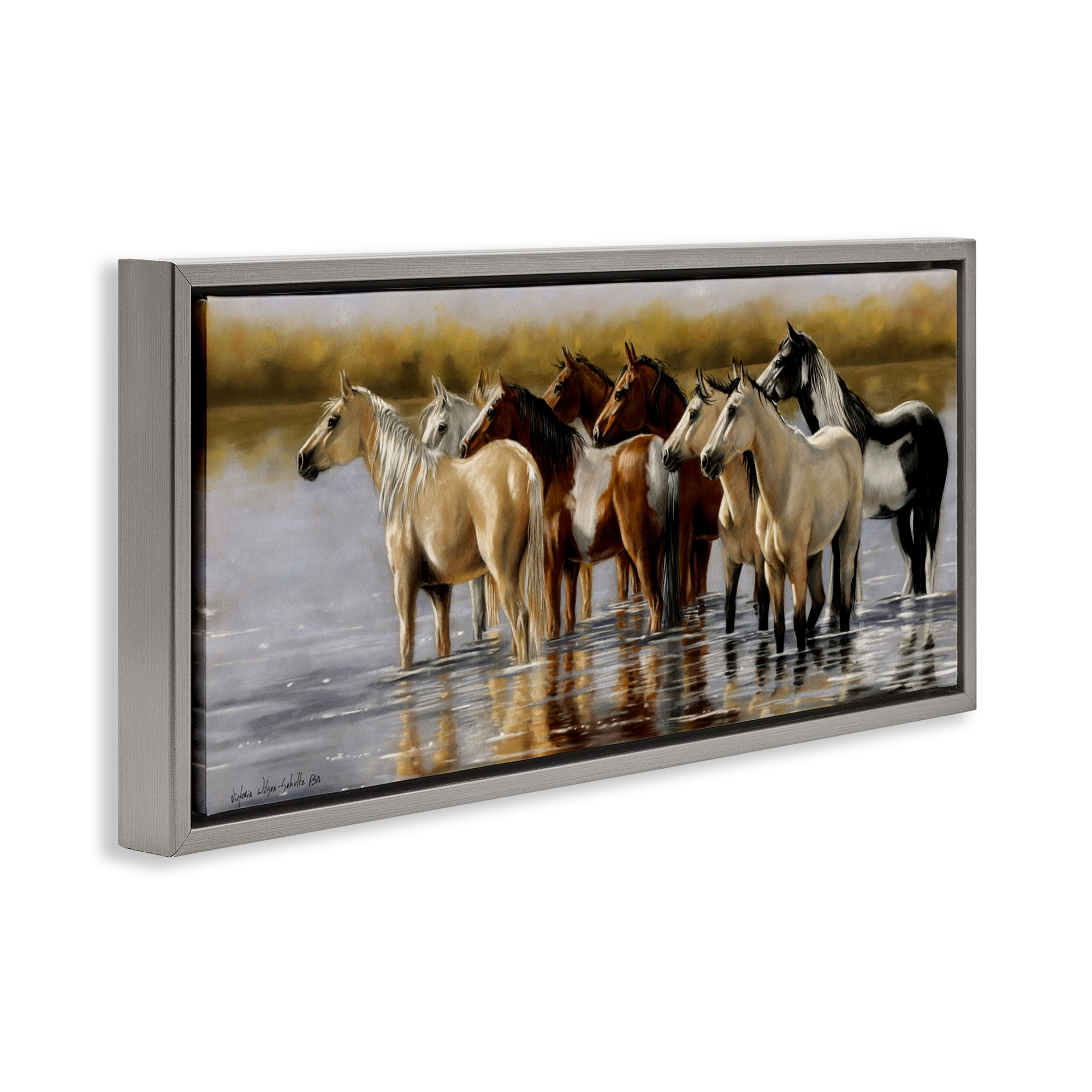 Stupell Industries Horse Herd Splashing Animals & Insects Painting Gray Floater Framed Canvas Art Print Wall Art, 31 x 14