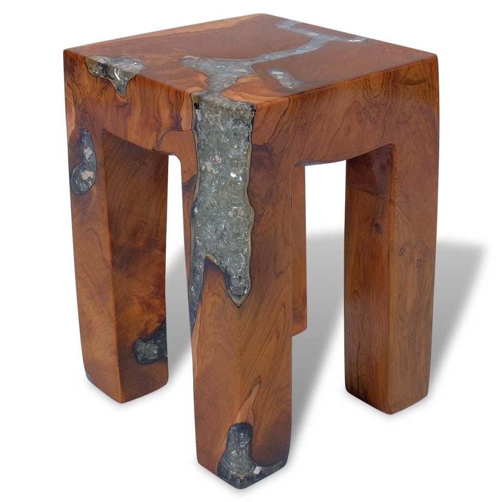 Kepooman 11.8" Modern Solid Teak Wood Square Stool Coffee Table for Patio Living Room Bedroom, Brown