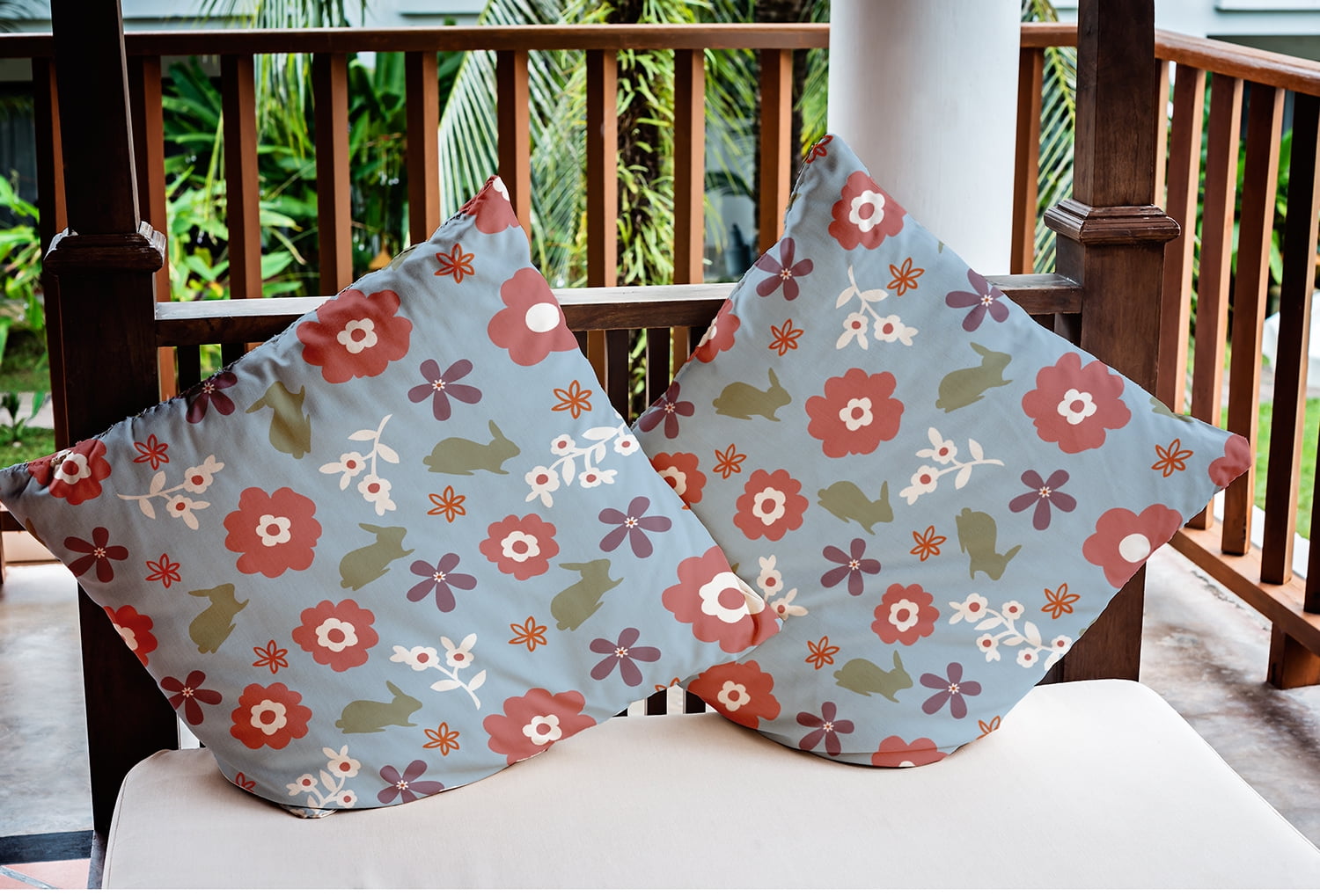 16"x16" Simply Daisy Flowery Love Bunnies Easter Indoor/Outdoor Pillow, Lighter-than-Air Blue Qty 1
