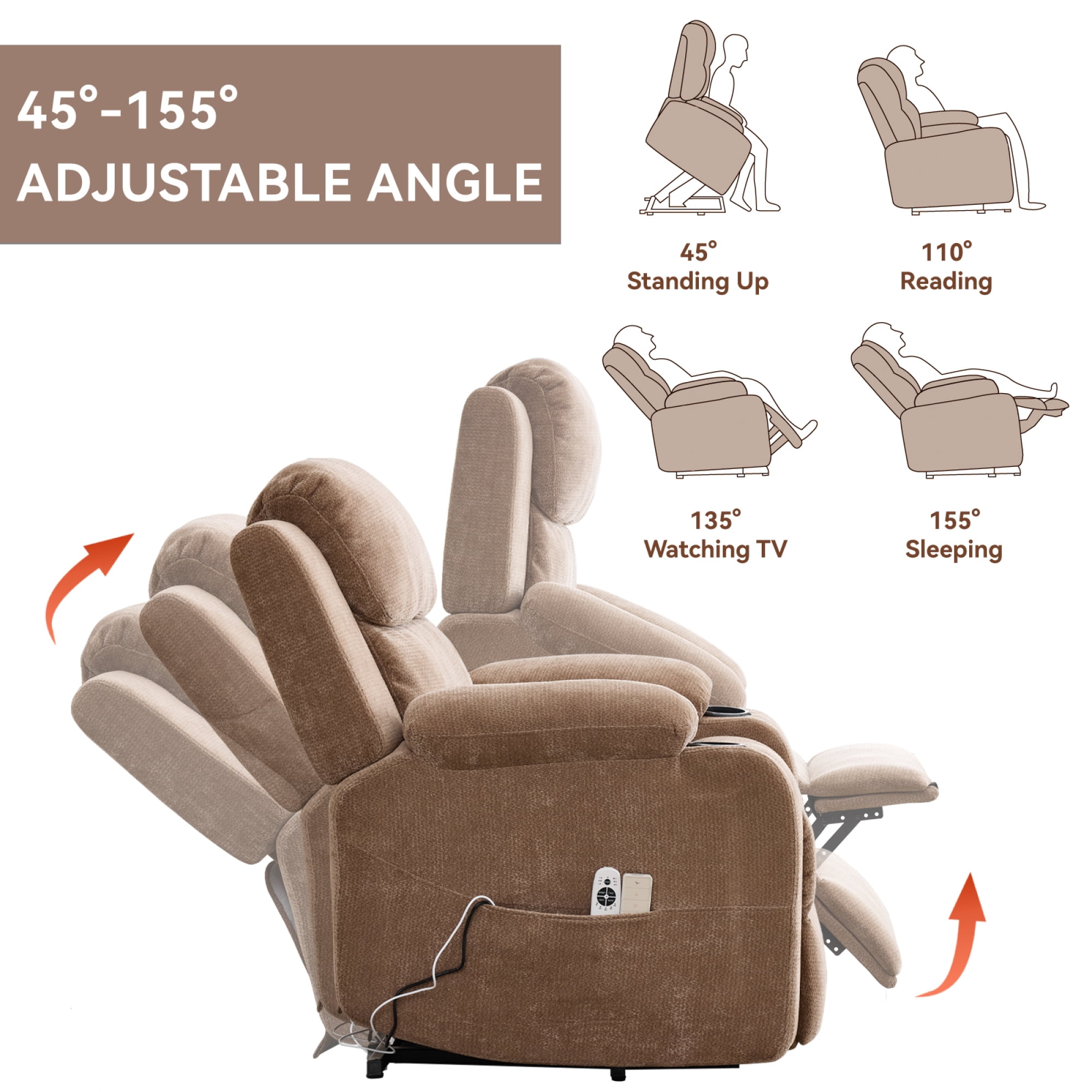 Leumius Power Lift Recliner Chair for Elderly,Heavy Duty Infinite Position Recliners Chair with 8-Point Vibration Massage and Lumbar Heating,Cup Holders,Brown
