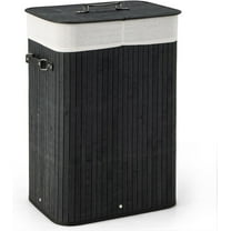 RONG-3 Bamboo Laundry Hamper with Lid, Large & Tall Clothes Hamper with Removable Liner & Handles, Rectangular Laundry Basket for Small Spaces, Laundry Room, Bedroom,Black