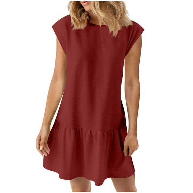 Hyknon Robes d'Été Babydoll pour Femmes Mignonnes à Volants Manches Courtes Col Rond Robes de Plage Évasées Mini Robe d'Été P-2TG