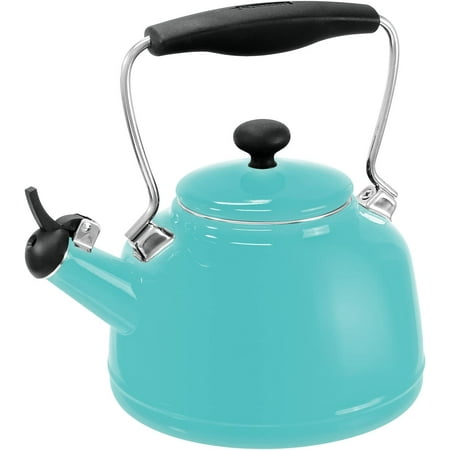 

Vintage Enamel on Steel Whistling Teakettle 1.7 quart Aqua