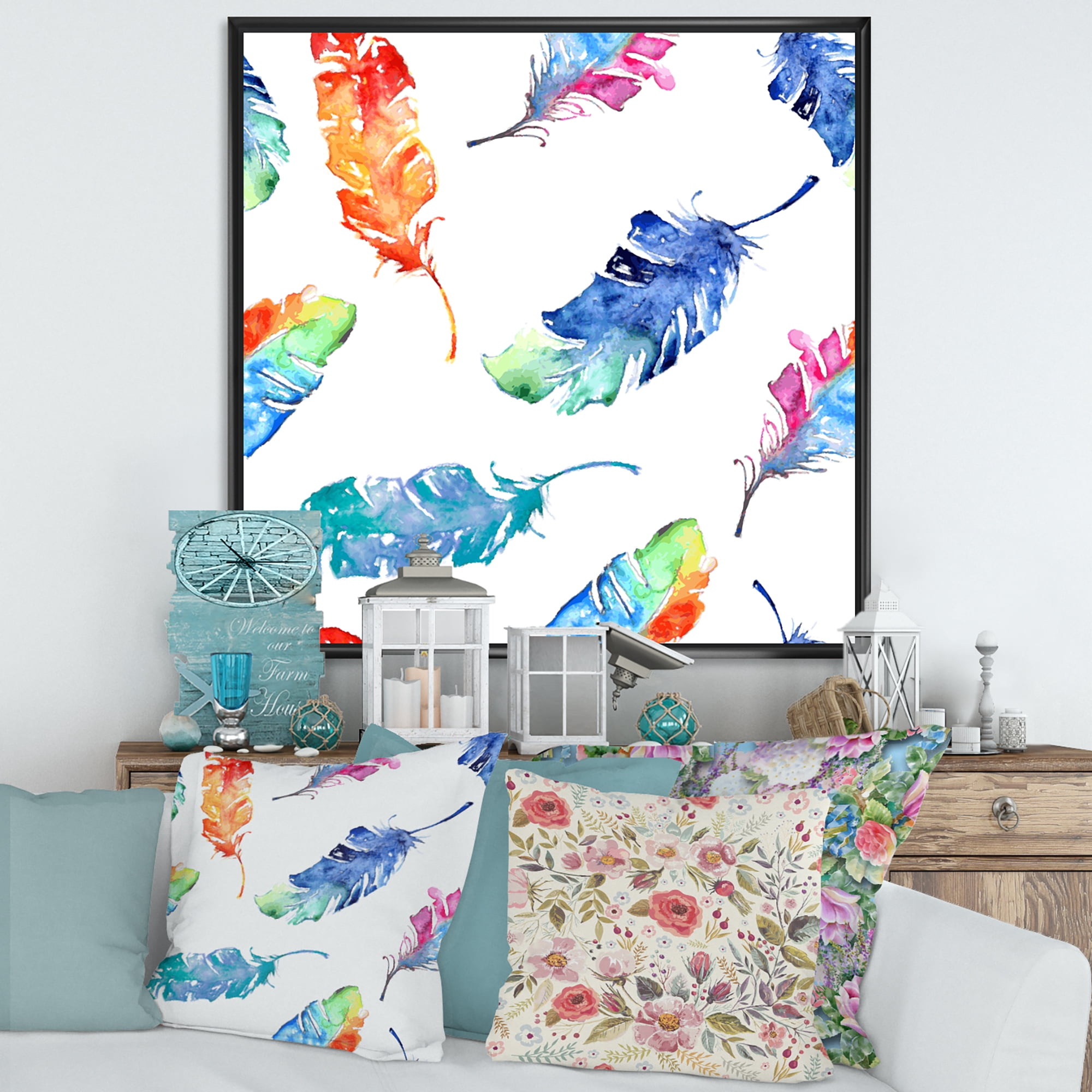 Designart 'Ethnic Colorful Feathers' Bohemian & Eclectic Framed Canvas Wall Art Print