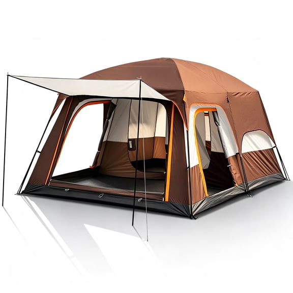 Cabin Style Camping Tent, 8-12 Person Waterproof Family Tent with 210D Oxford Fabric, All-Weather Outdoor Tent with Large Mesh Windows & PE Floor for Hiking, Backyard & Group Camping, Coffee
