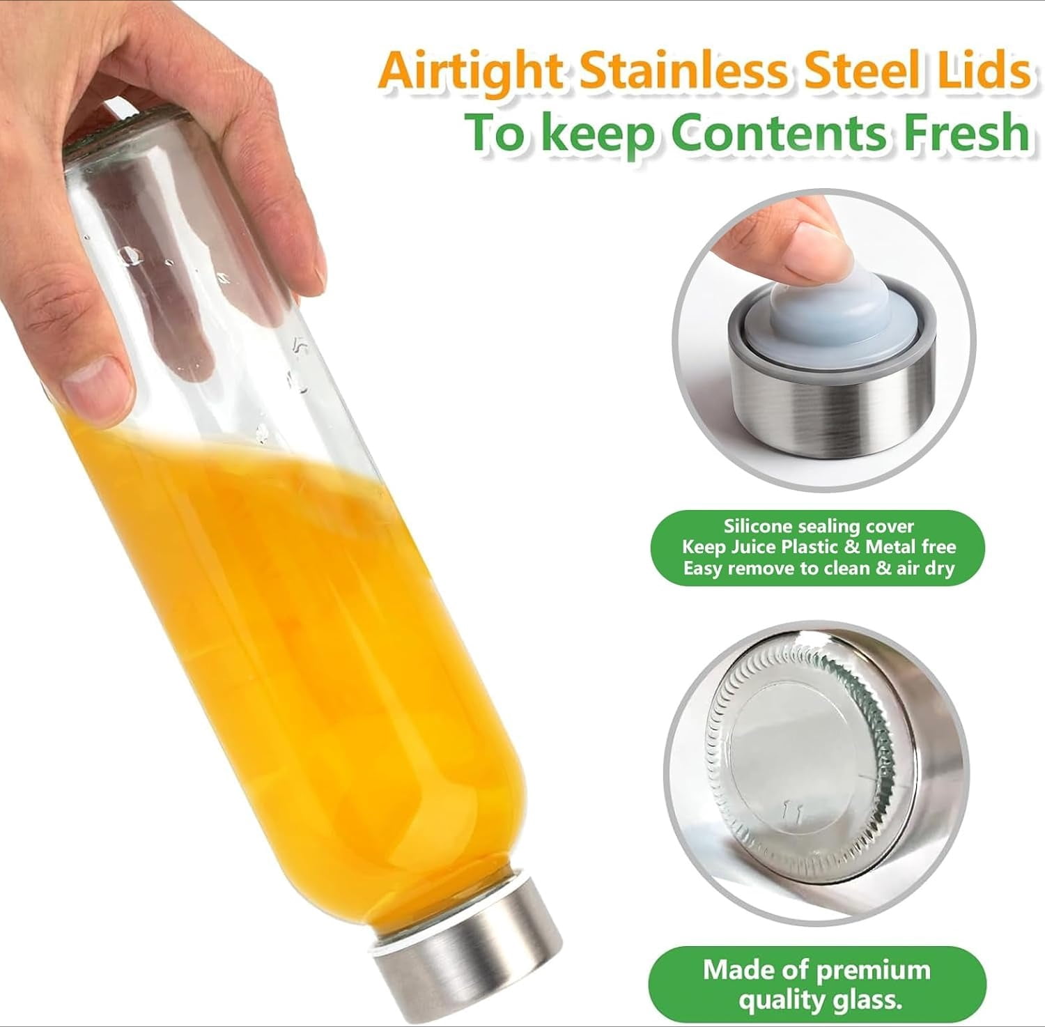 Glass Juice Bottles with Lids for Juicing 18 oz, Reusable Clear Glass Water Bottles with Stainless Steel Airtight Cap for Refrigerator, 100% Leak Proof Drinking Jar, BPA Free, Set of 6