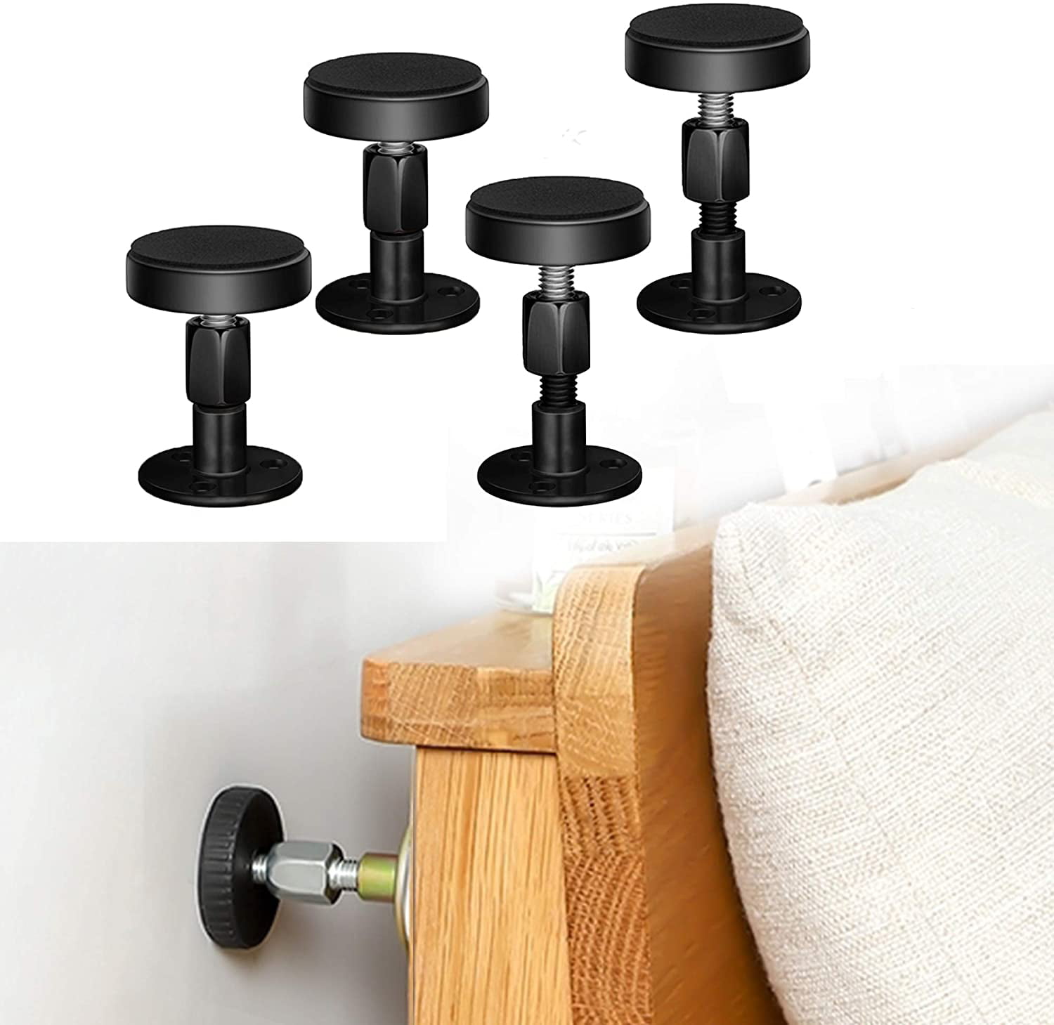 Black Headboard Stoppers Bedside Anti Shake Tool for Beds Cabinets Sofas Krisler Adjustable Threaded Bed Frame Anti-Shake Tool 30-68mm 4PCs 