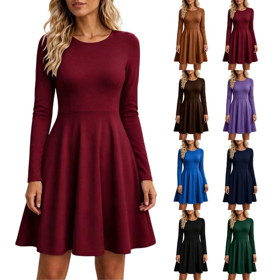 YTCAMLO Fit and Flare Dress for Women Plus Size Crew Neck Long Sleeve Midi A Line Dresses Flowy Fall Winter Cocktail Dress