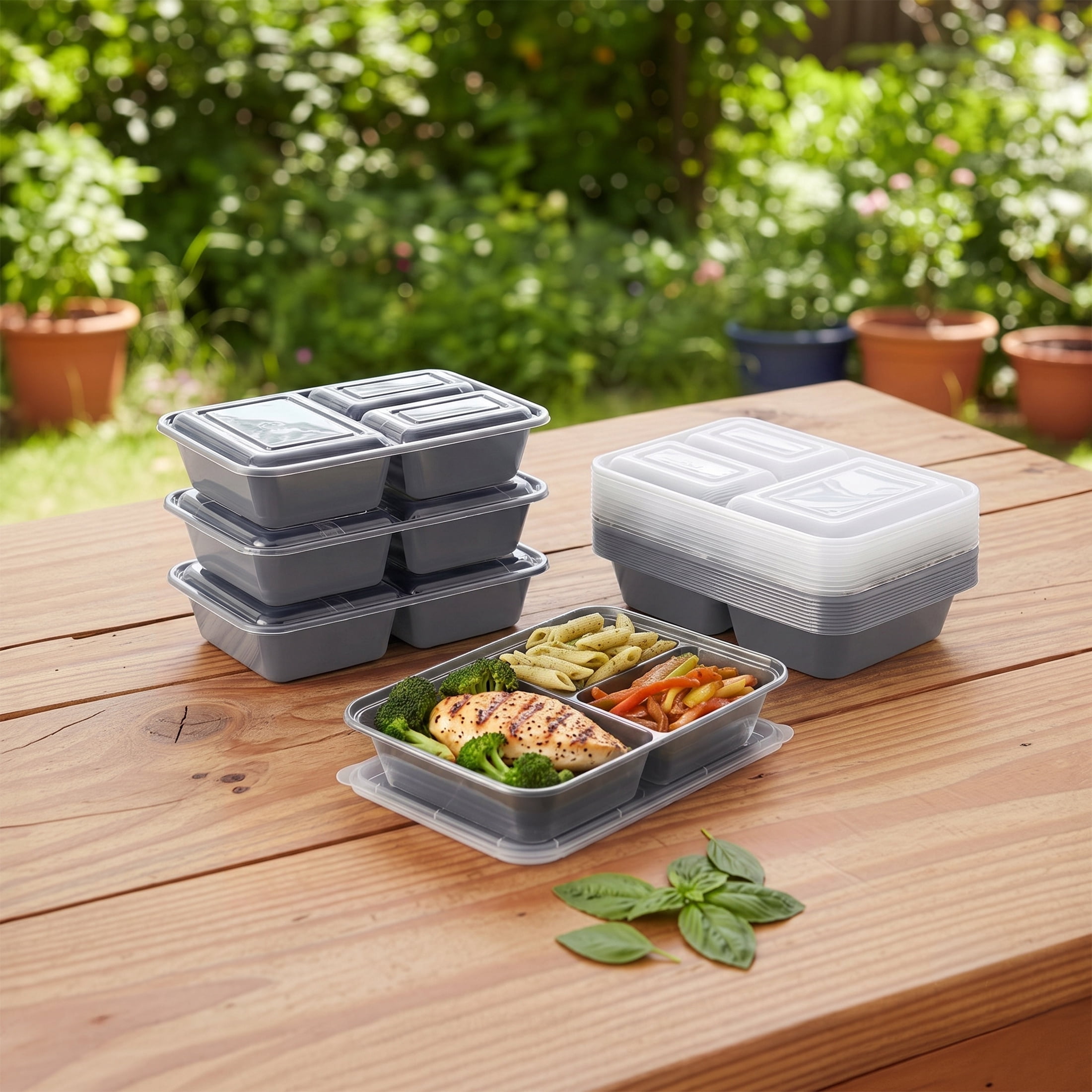 Mainstays 15-Pack 3-Compartment BPA-Free Plastic Meal Prep Food Storage Containers, 0.9L, Soothing Grey