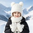 thumbnail image 2 of KPOPLK 3Piece Girls Boys Solid Color Beanie Hat Glovs Set Fleece Lined Winter Hat with Pom Pom for Cold Weather(3-8 Years,White), 2 of 6