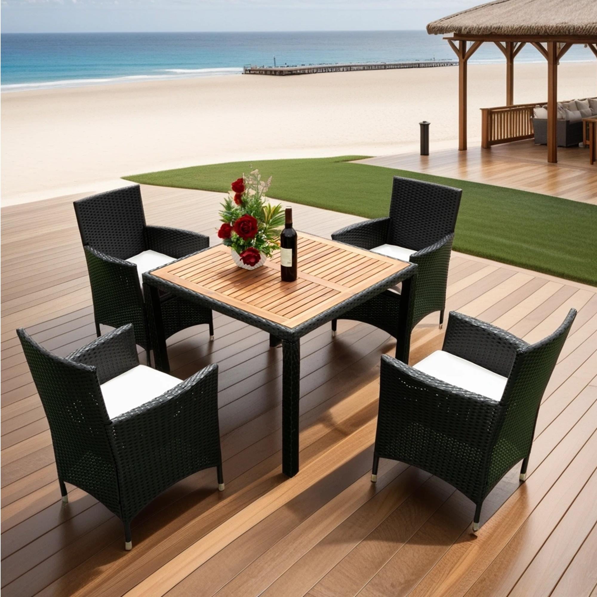 Seizeen Outdoor Dining Table Set 5 Pieces, Patio Rattan Dining Table & Chair w/ Wooden Top & Padded Cushions, Deck Furniture Conversation Set for Garden Porch Backyard