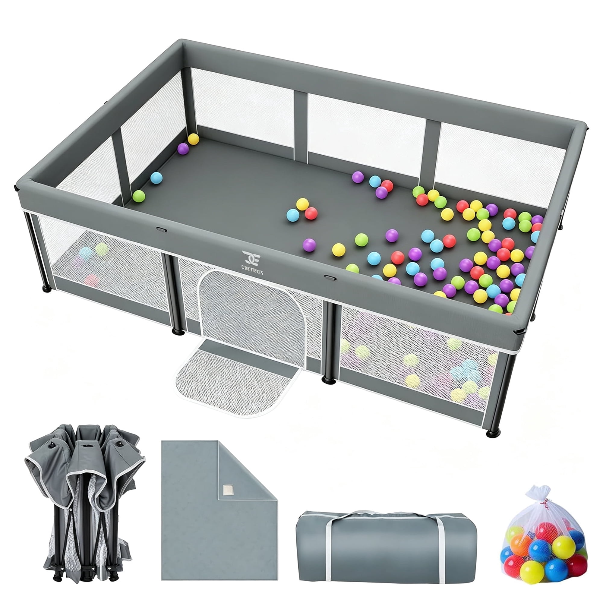 74x50 inch Foldable Baby Playpen with Mat, Portable Play Yard for Toddlers, Play Pen with Ocean Balls and Storage Bag, Grey