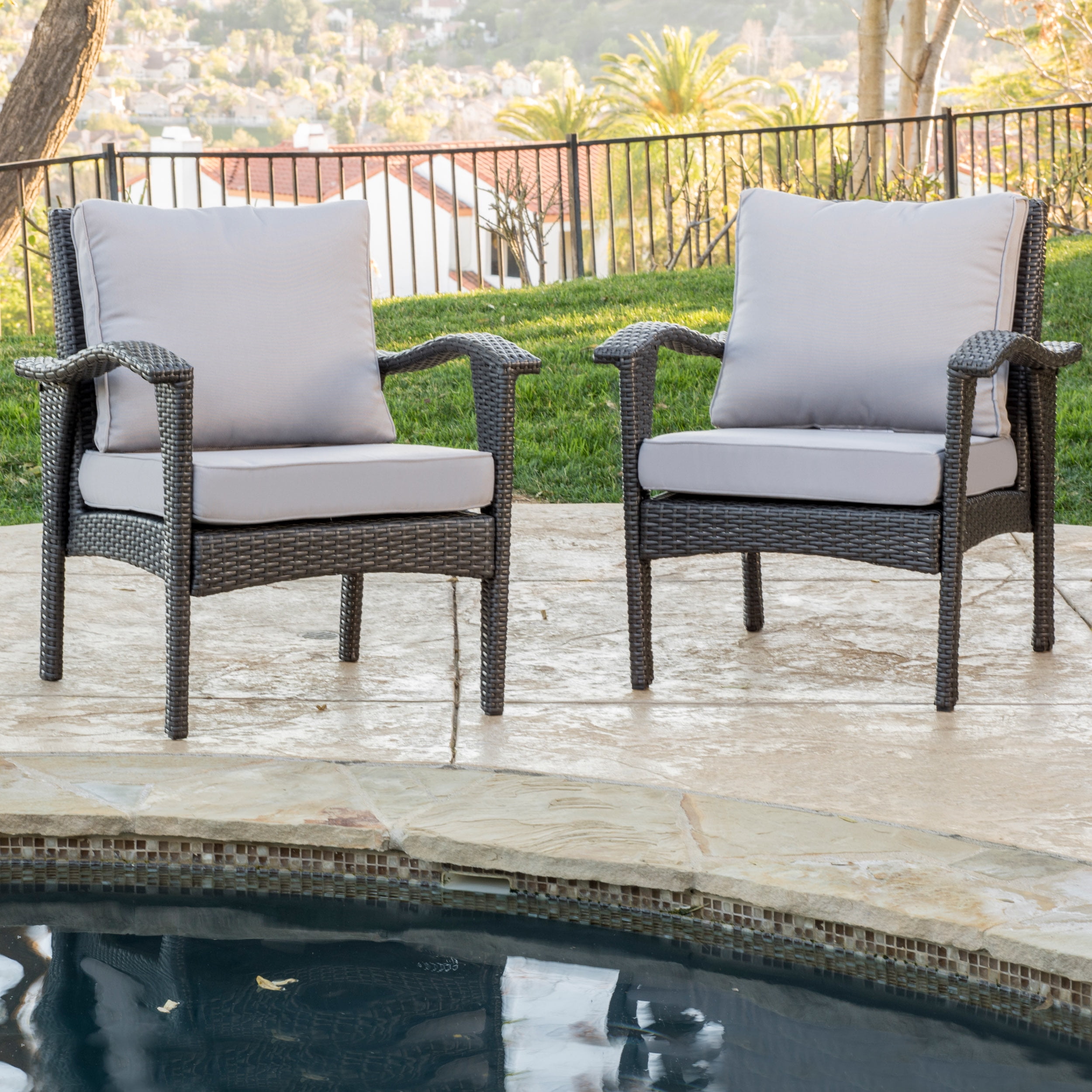 Kingsfield Outdoor Wicker Club Chairs with Silver Cushions, Set of Two, Grey