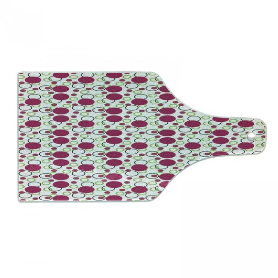 Pink and Green Cutting Board, Geometric Retro Composition with Circles and Dots Spotty Pattern, Tempered Glass Cutting and Serving Board, Wine Bottle Shape, Dark Pink Green Black, by Ambesonne