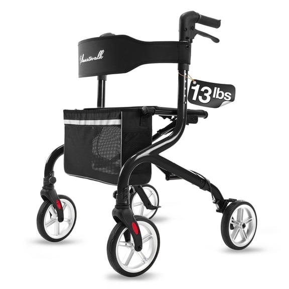 PLANET WALK Super Lightweight Rollator for Seniors, Foldable with Seat & 8" All-Terrain Wheels, Durable Aluminum Frame for Travel - Black