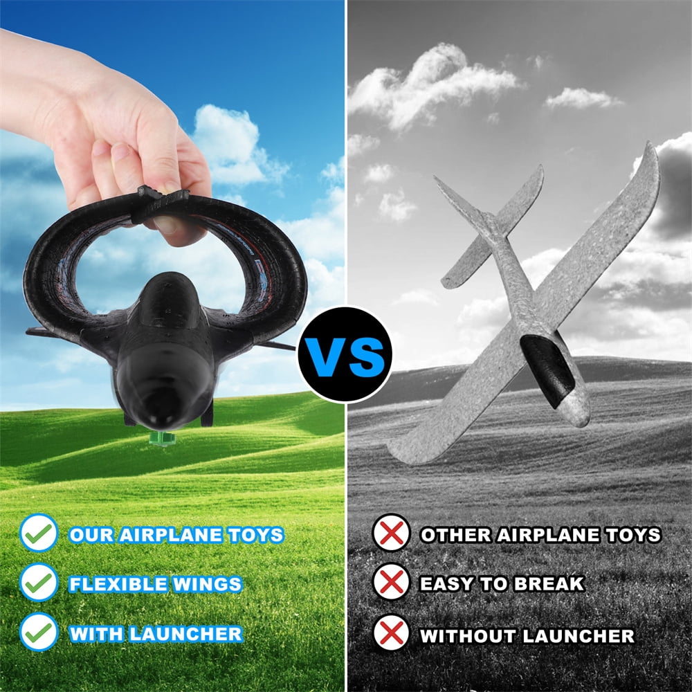 Growsly 2 Pack Catapult Airplane Foam Warplane Glider Toys with Launcher Xmas Gifts for 4-12 Years Old Kids, Black and White