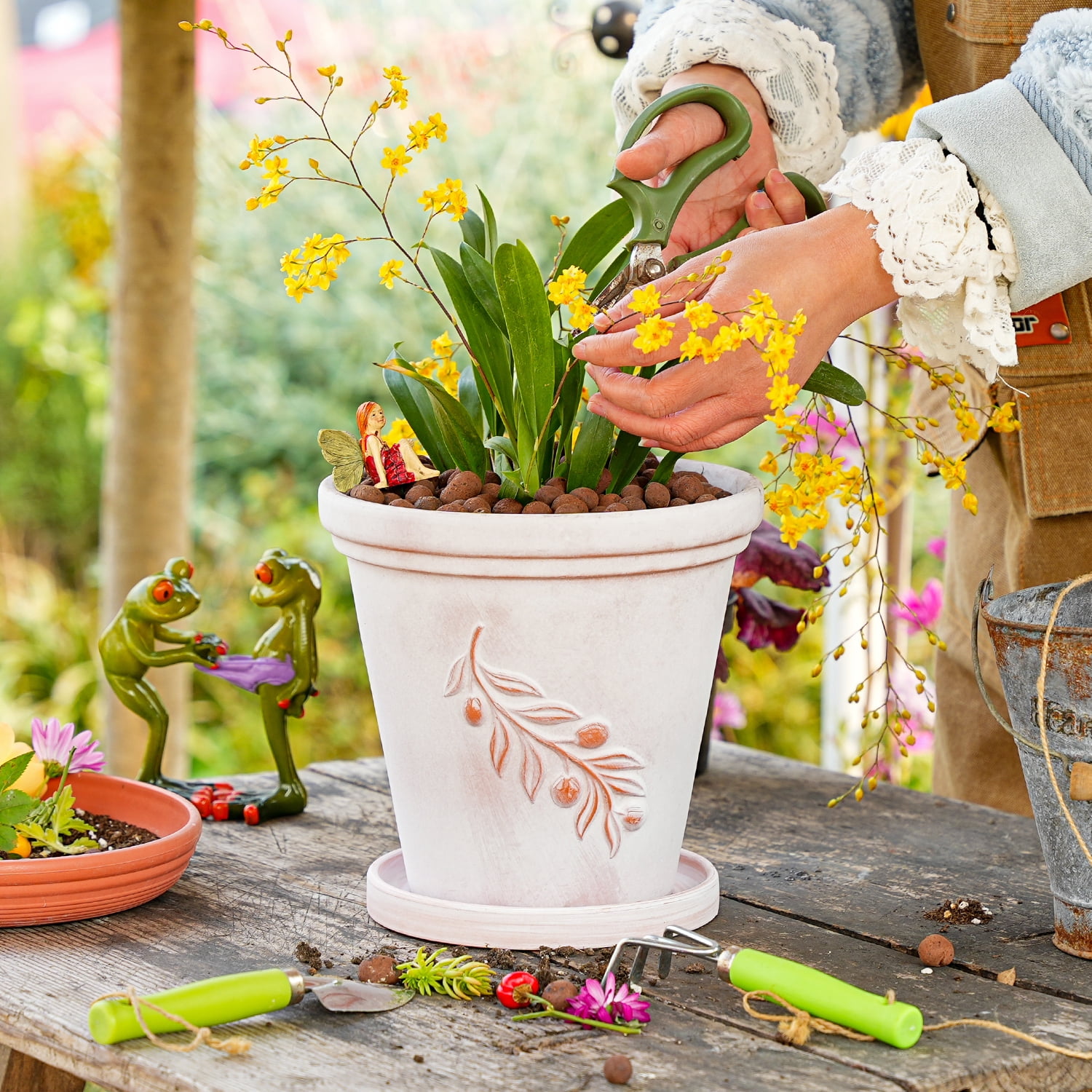 Sungmor Set of 3 Terra Cotta Pots with Saucer & Drainage Hole, Large & Deep Clay Pots, Unique Embossed & Pretty Color Pottery Planters, Decorative Flower Pots for Plants Orchid Cactus Succulent