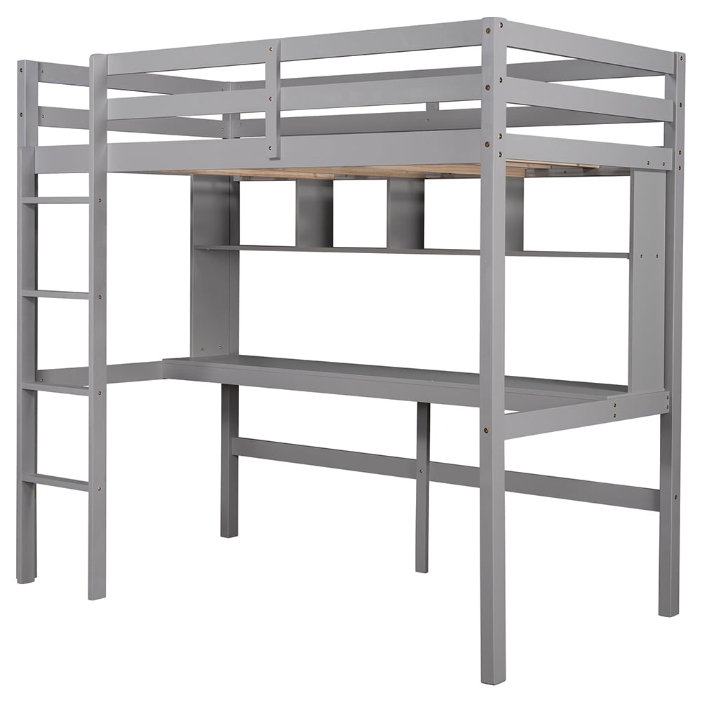 Kadyn Twin Size Loft Bed with Convenient Desk/Shelves/Ladder, Gray