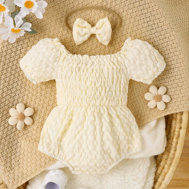 AherBiu Baby Clothes for Girl Romper Newborn Ruffle Short Sleeve Drawstring Button down Jumpsuits Casual,Sizes 0-18 Months