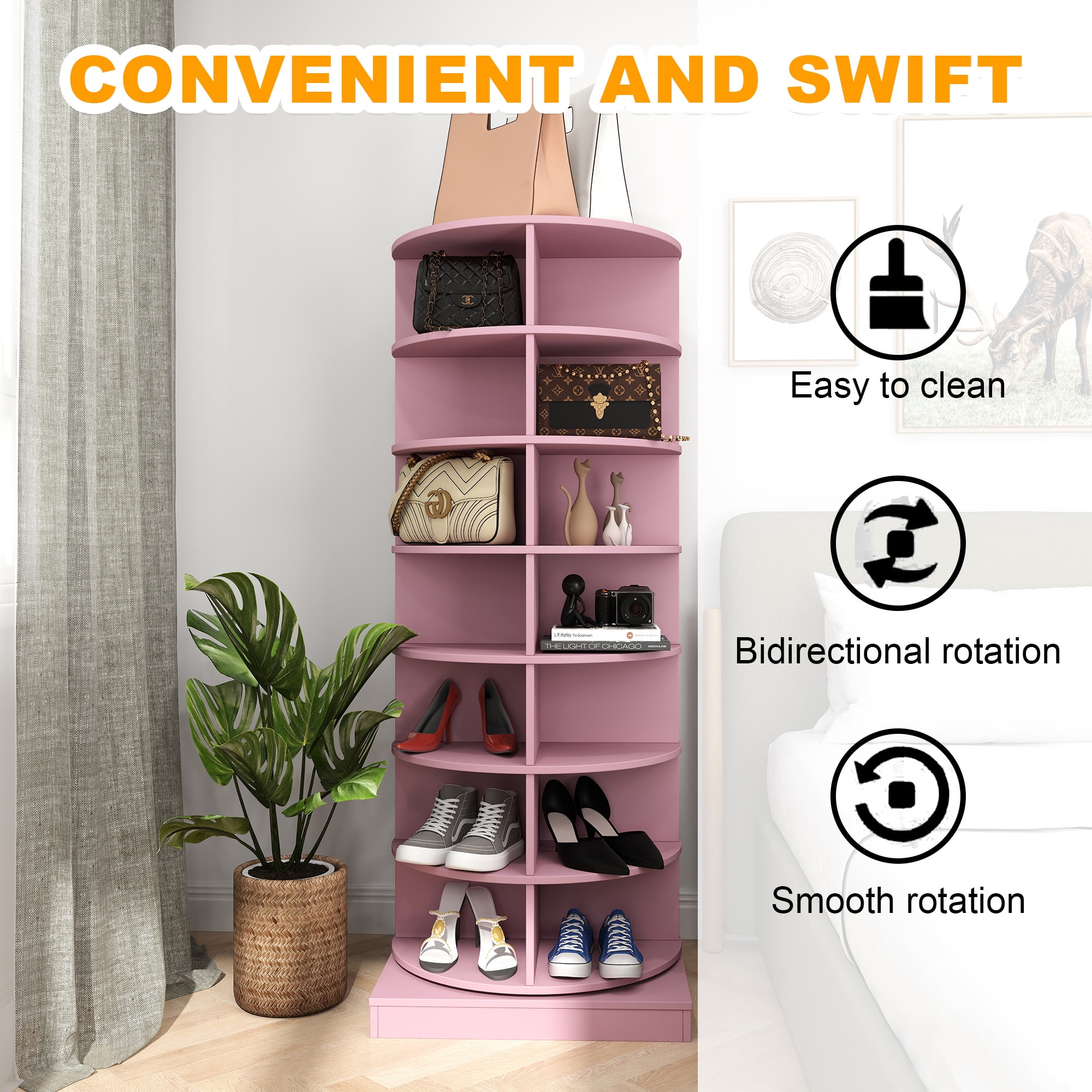 Aukfa 7-Tier Rotating Shoe Rack Tower, 360° Spinning Shoe Display Closet Organizer, Pink