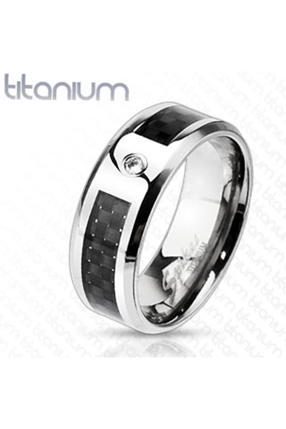 8mm Black Graphite Carbon Fiber Inlay CZ Center Band Ring Solid Titanium (SIZE: 11)