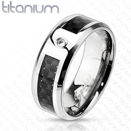 8mm Black Graphite Carbon Fiber Inlay CZ Center Band Ring Solid Titanium (SIZE: 11)