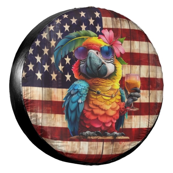 KAKALAD American Flag Funny Tropical Parrot Spare Tire Cover Universal Vehicle Accessories Buckle Car Tools 14”in