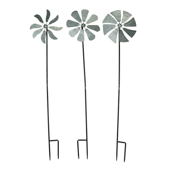 Set of 3 Galvanized Grey Farmhouse Windmill Wind Spinner Garden Stakes â Whimsical Outdoor Decorations Creating Mesmerizing Kinetic Displays, 41 Inches High