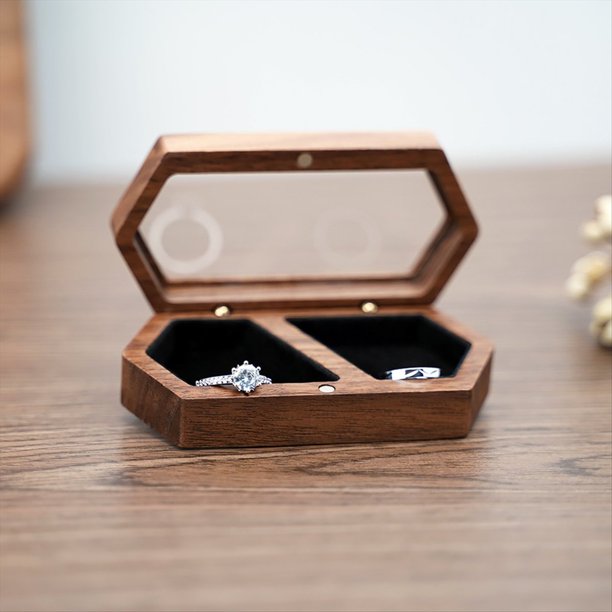 Caja de Madera para Anillos con 2 Ranuras, Organizador Diario para Guardar Anillos, Pendientes y Joyas, Caja de Compromiso para Anillos de Boda D