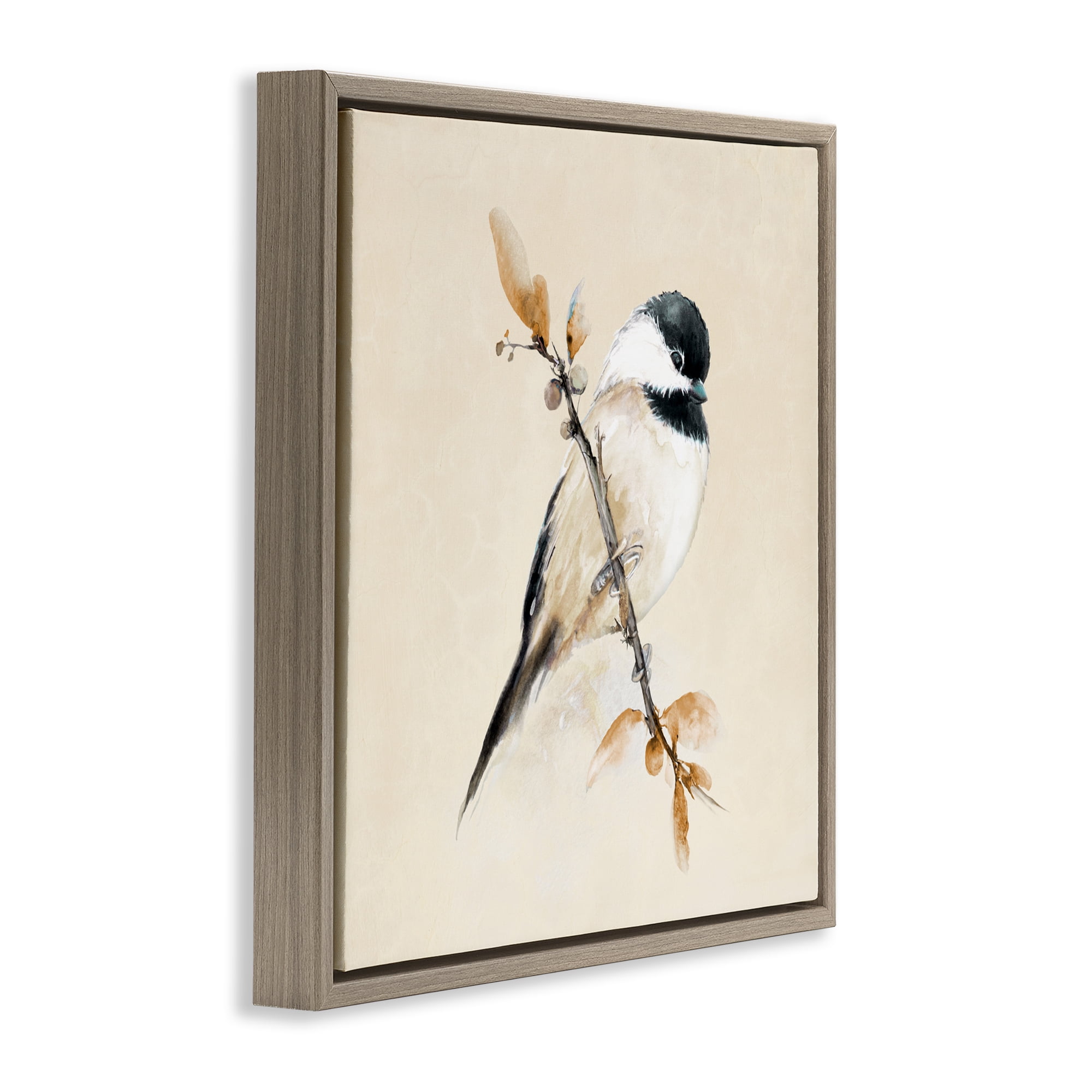 Stupell Industries Muted Watercolor Chickadee Brown Framed Floater Canvas Wall Art, design by Diannart