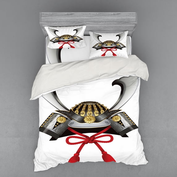 Ambesonne Japanese Bedding Set 4 Pcs, Samurai Kabuto, Queen, Grey Vermilion Yellow