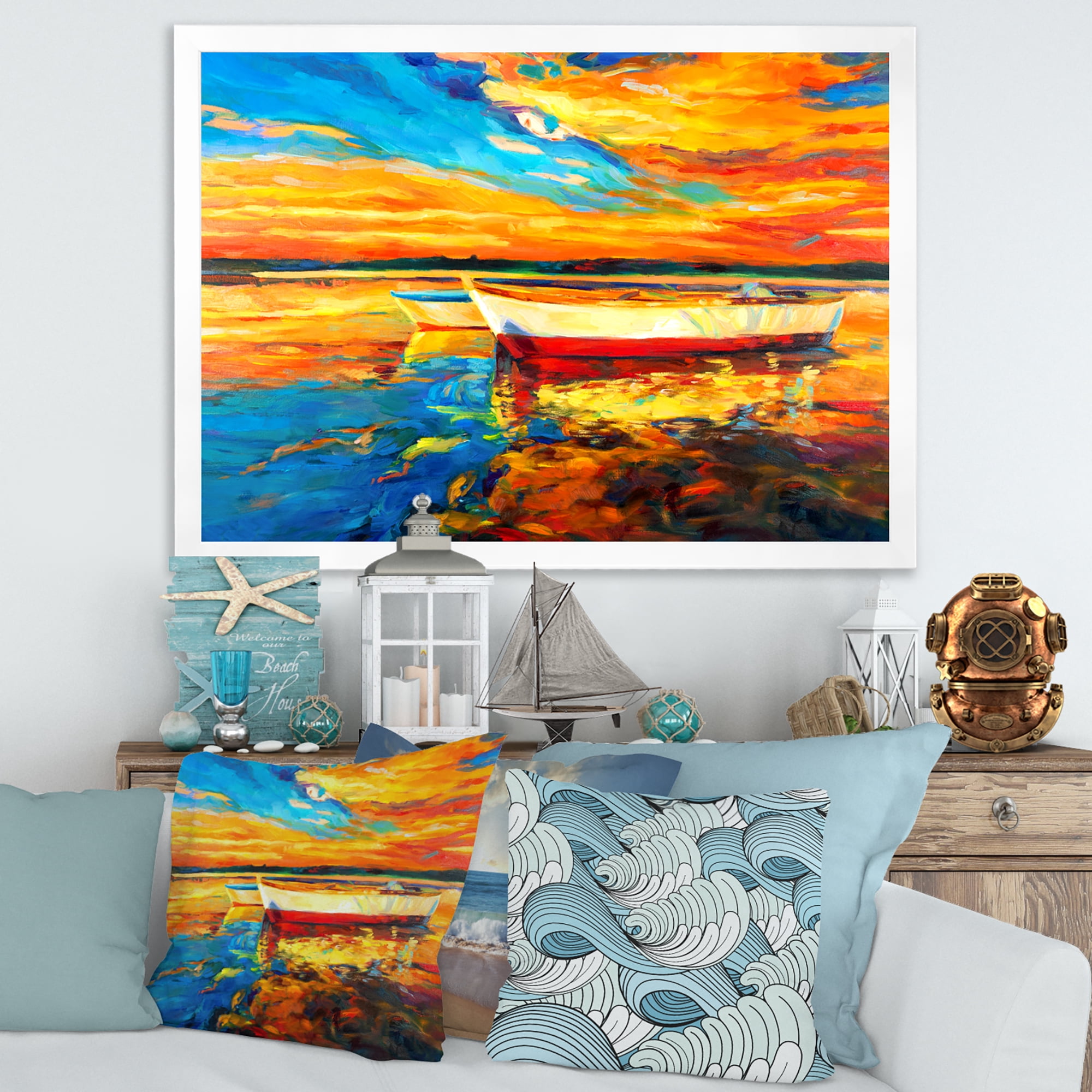 Designart 'Red and White Boats By The Pier At A VIbrant Sunset' Nautical & Coastal Framed Art Print