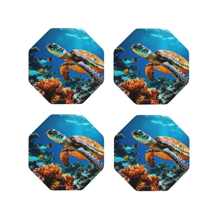 

Drink Coasters Set of 4 Coral Sea Turtle Leather Coasters for Coffee Table Protector Heat Resistant Cute Coasters for Home Decor Housewarming Gifts Bar Kitchen 4 Inch Octagon