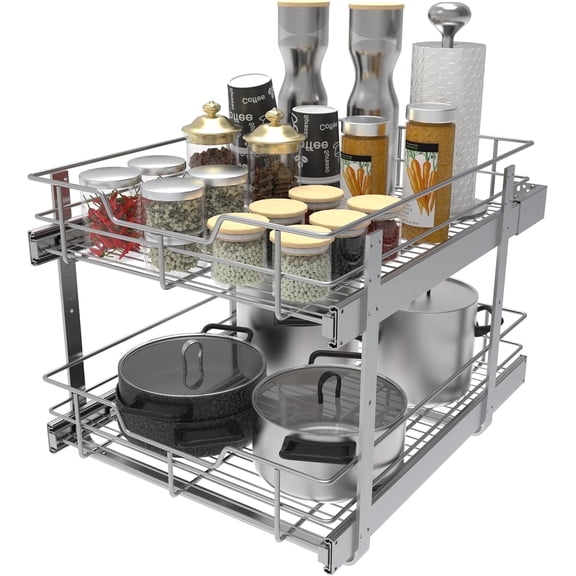 STORKING 2-Tier Pull Out Cabinet Organizer, 18"W x 22"D, Chrome Heavy Duty Pull Out Shelves for Kitchen, Bathroom, Pantry