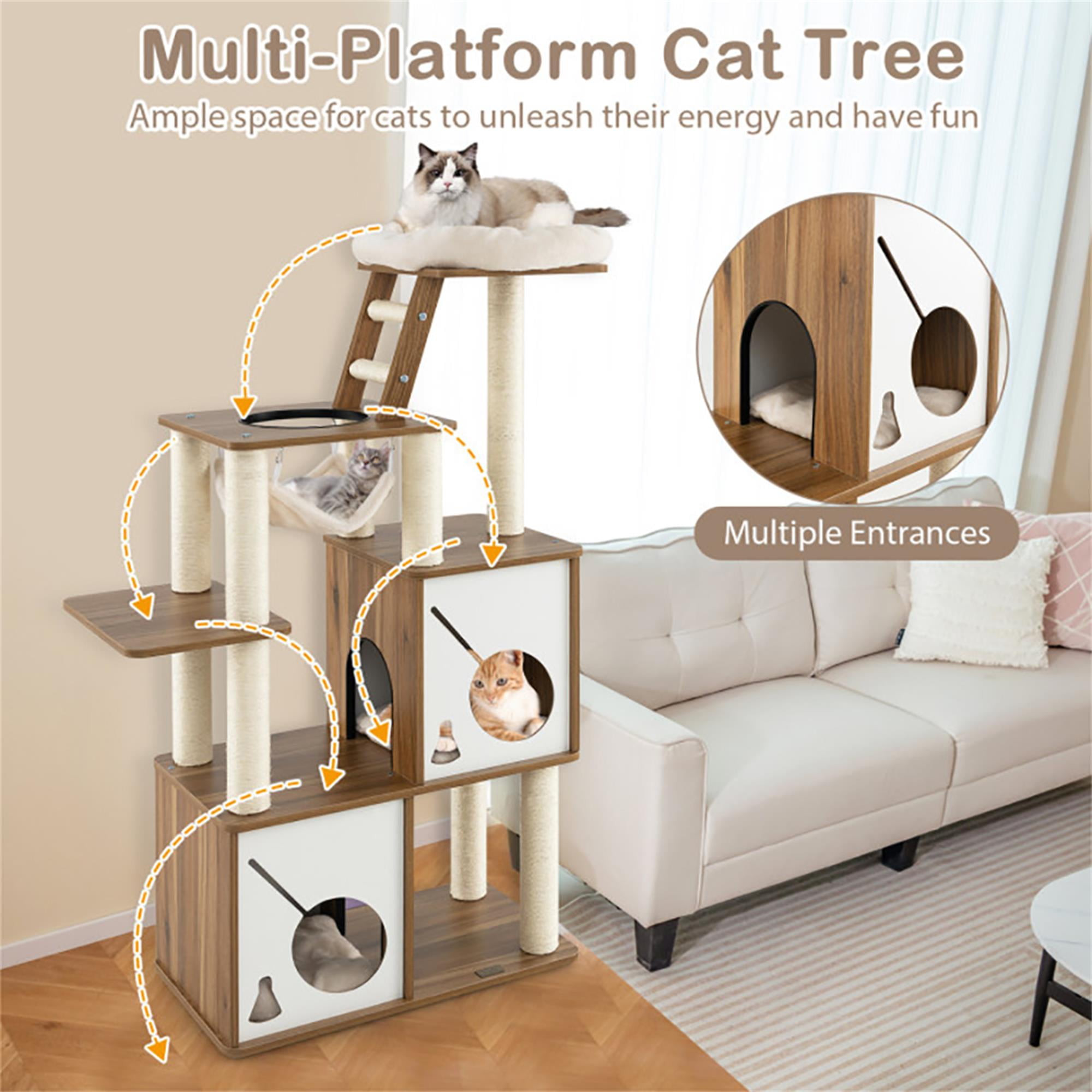 resenkos 57" Large Wooden Cat Tree Tower with Double Condos, Large Perch, Soft Hammock and Totally Wrapped Sisal Posts, Brown