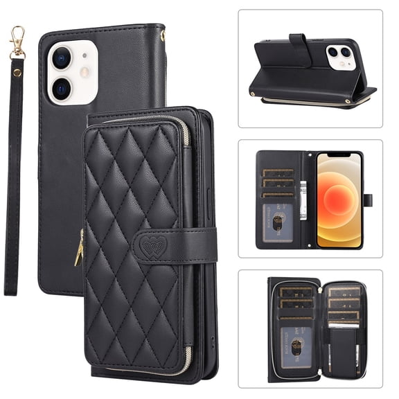 YEYKX Cartera for iPhone 11 de 6,1 Pulgadas con Correa para Muñeca/hombro, 9 Ranuras para Tarjetas, Monedero con Cierre, Soporte de Cuero de Lujo, Funda Cell Phone a Cuadros, Negro