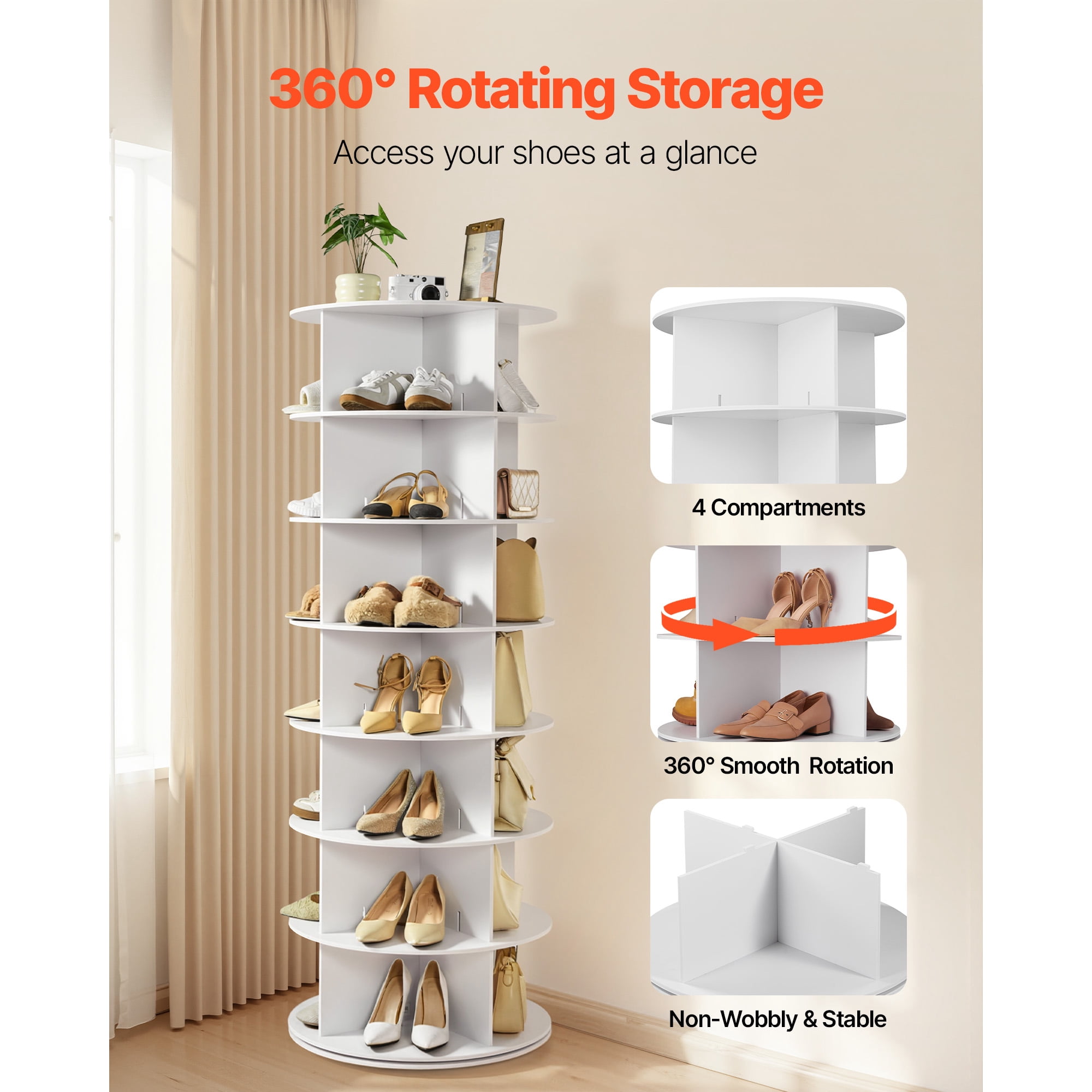 KFFKFF 7-Tier Rotating Shoe Rack, 63.8" Shoe Organizer, Freestanding Shoe Organizer for Bedroom, Living Room, Entryway, Closet, White