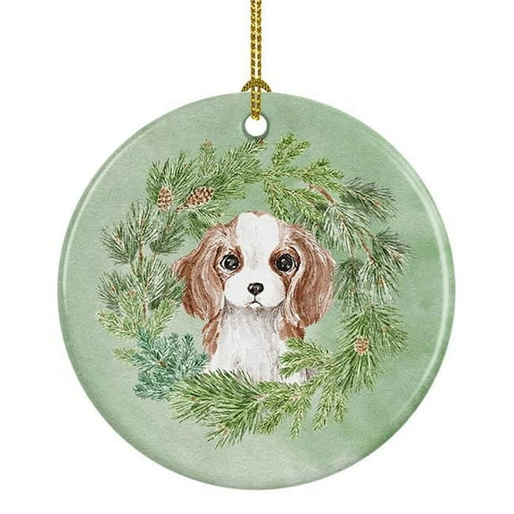 Cavalier Spaniel Puppy Blenheim Christmas Wreath Ceramic Ornament 2.8 in x 2.8 in