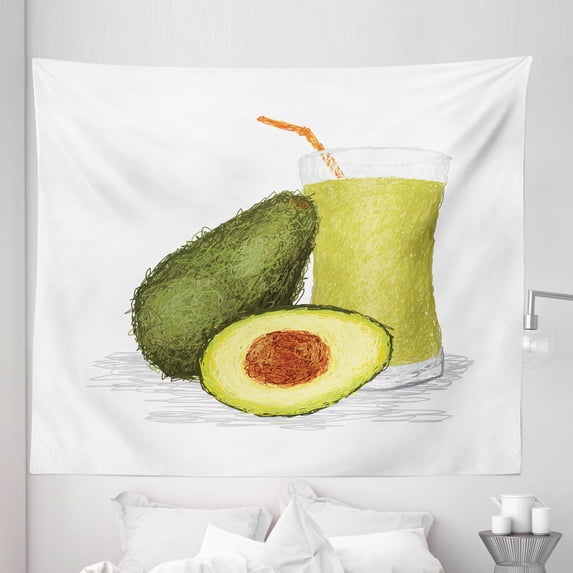 Avocado Tapestry, Doodle Style Composition of Ripe Avocado Slices with Smoothie, Fabric Wall Hanging Decor for Bedroom Living Room Dorm, 5 Sizes, Orange Green Pale Green, by Ambesonne