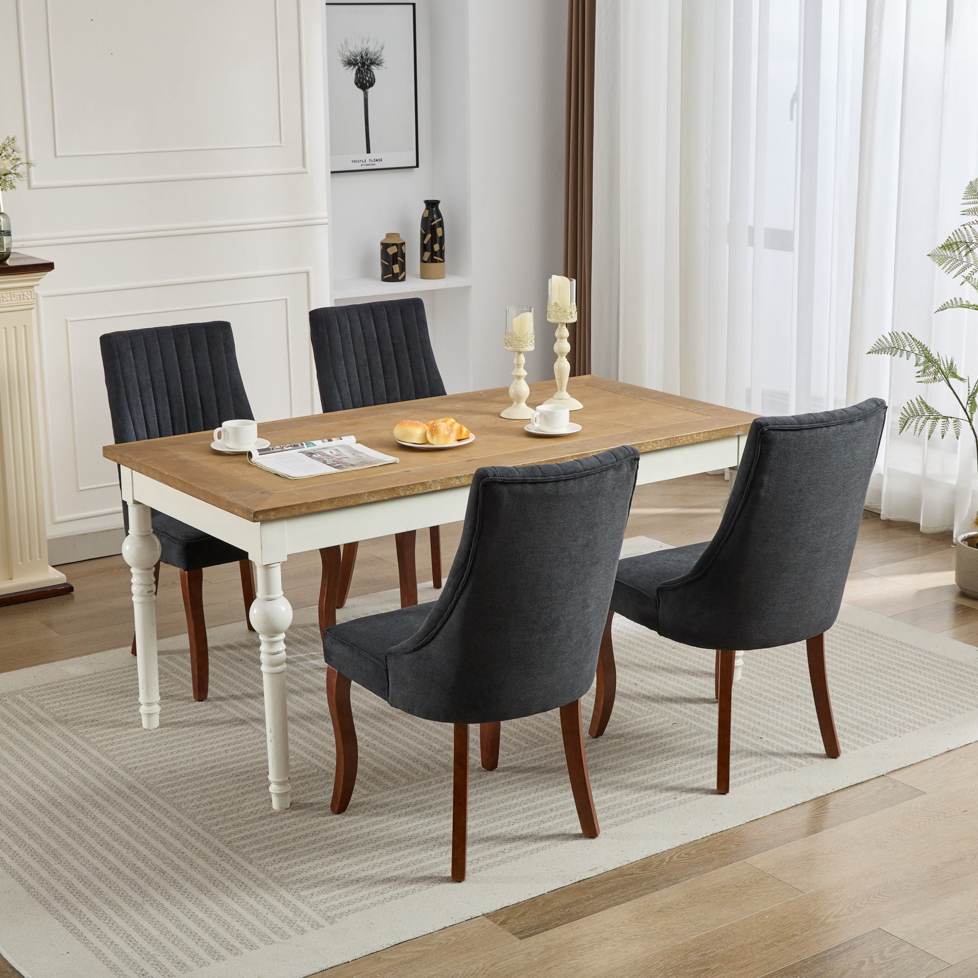 MAYEERTY Rayon Flocking Linen Dining Chairs - Channel Tufting, Curved Solid Wood Legs, Black, Set of 2