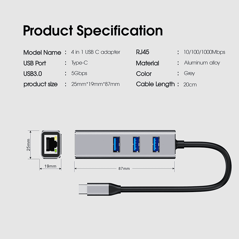 DOONJIEY  4 in 1 USB C Hub 3 USB Hub 3.0 1000mbps RJ45 Gigabit Ethernet USB A Type c Docking Station
