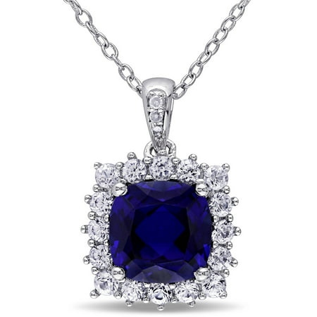 Tangelo 3-3/5 Carat T.G.W. Created Blue and White Sapphire with Diamond-Accent Sterling Silver Round Halo Pendant, 18